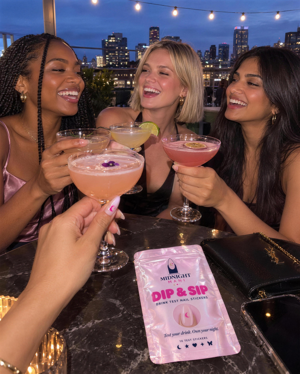 Friends on a rooftop bar with Dip & Sip on the table