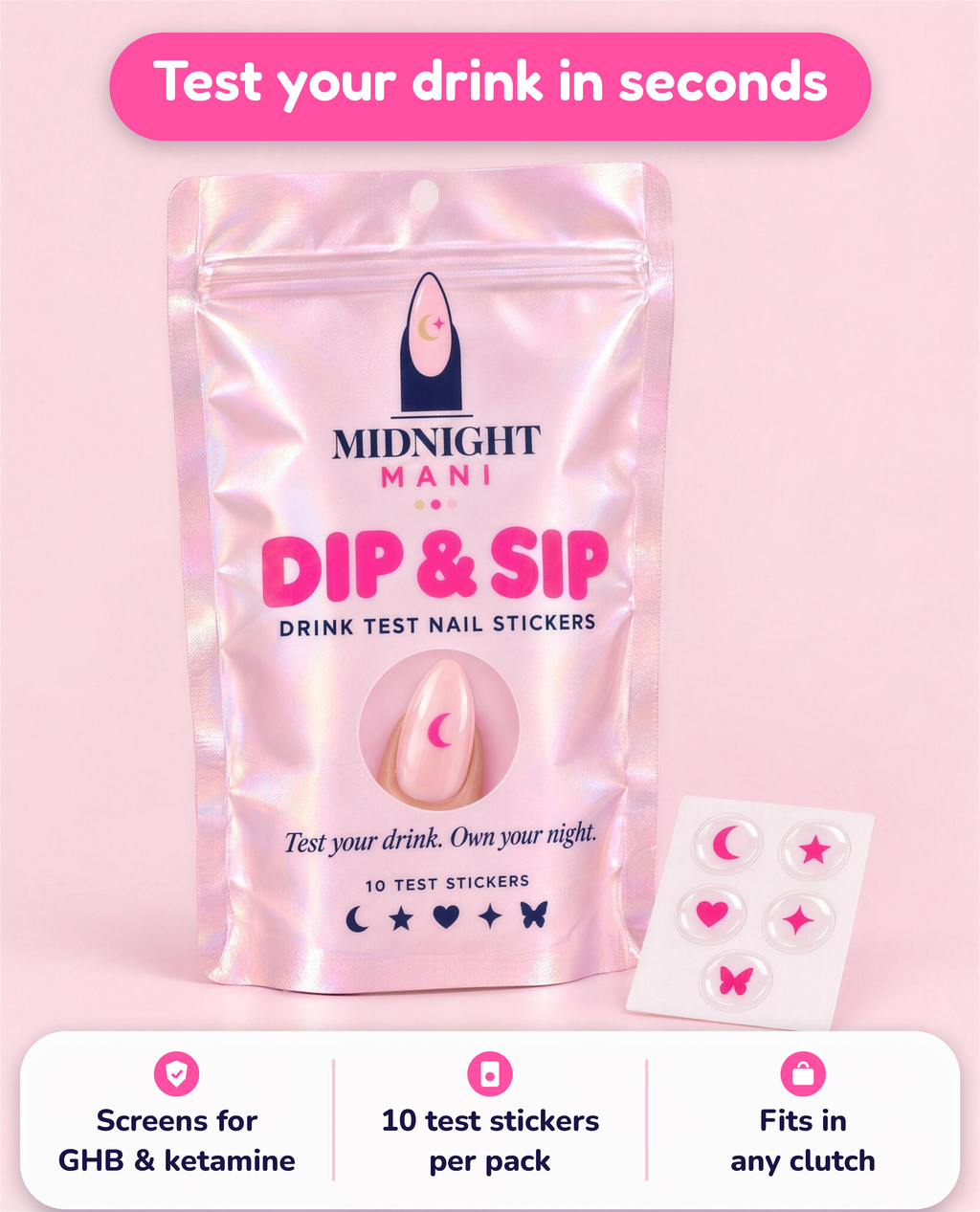 Midnight Mani Dip & Sip drink test nail stickers pouch and sticker sheet