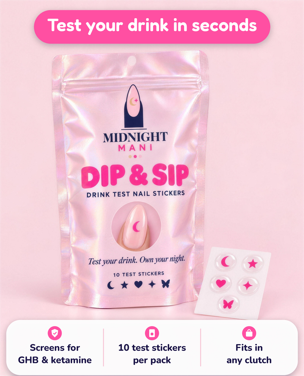 Midnight Mani Dip & Sip drink test nail stickers pouch and sticker sheet